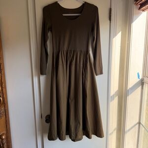 Everlane Long Sleeve Tiered Midi Dress Olive Green Cotton Blend Size XS